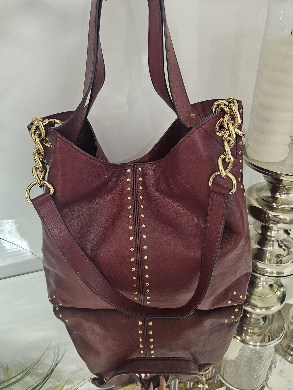 MICHAEL Michael Kors Uptown Astor Studded Burgundy  Leather Shoulder Hobo Purse